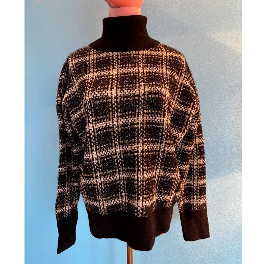 NWT Splendid Collection Sweater Oversized Black Ivory Metallic Gold Plaid S $188